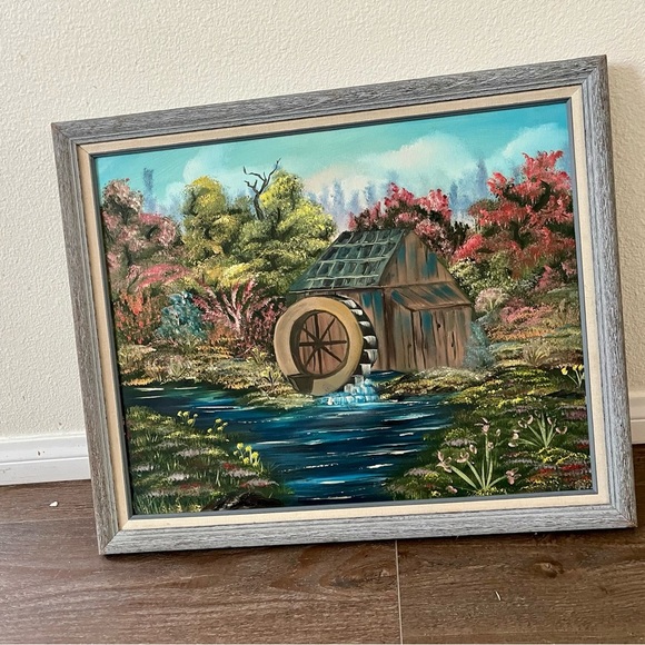 Vintage Framed Landscape Painting With Water mill 19/23 Inches - Picture 9 of 10